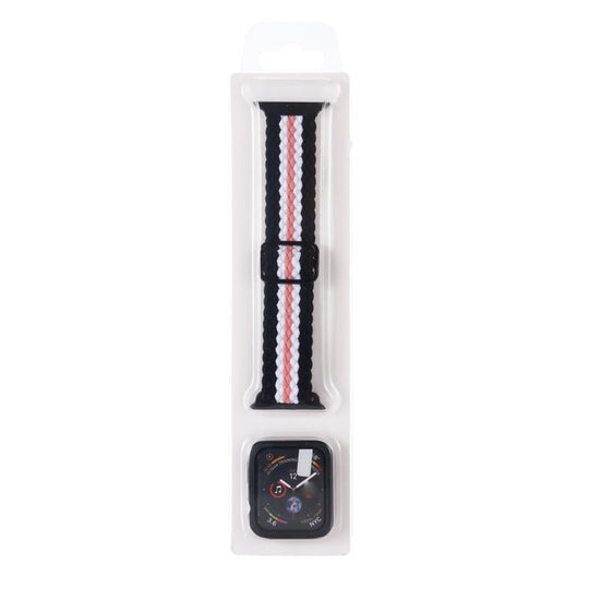 For Apple Watch Series 6 / 5 / 4 / SE 40mm Adjustable Striped Woven Nylon Watch Band + Watch Case Set(Black White Pink)