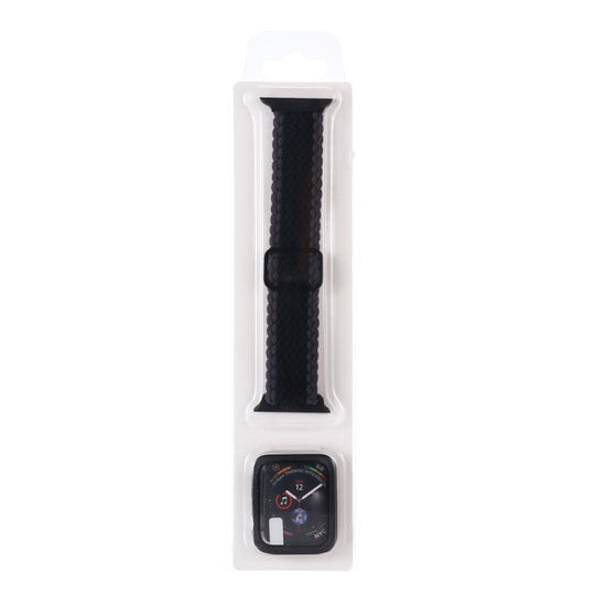 For Apple Watch Series 6 / 5 / 4 / SE 44mm Adjustable Striped Woven Nylon Watch Band + Watch Case Set(Black)