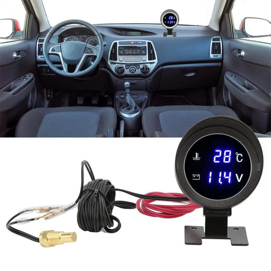 Round LED Digital Car Gauge Voltage and Water Temperature Dual Display Meter(Black)