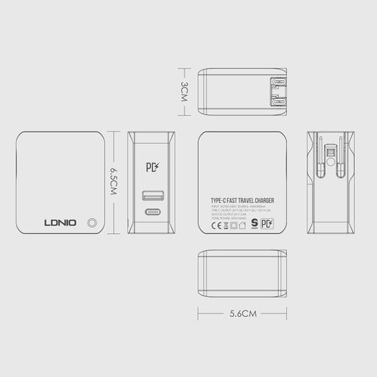 LDNIO A4403C 30W PD + Auto-id Foldable Fast Travel Charger with 1m USB-C / Type-C Cable, AU Plug by LDNIO