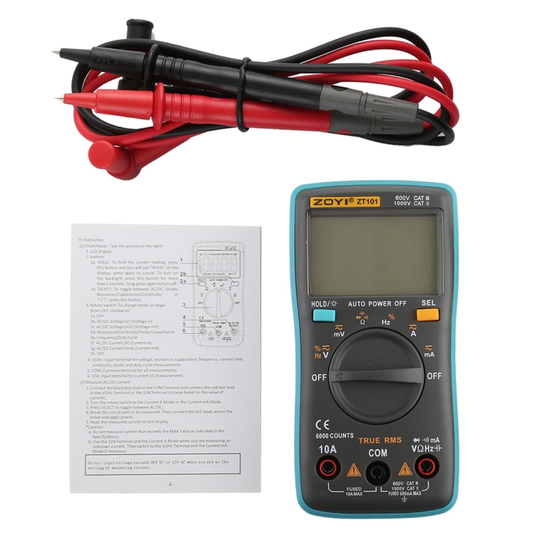 ZOYI ZT101 600V CAT III / 1000V CAT II 6000 Counts Portable Digital Multimeter AC / DC Current Voltage Tester Meter with Back-light LCD Screen & Holder - Current & Voltage Tester by buy2fix | Online Shopping UK | buy2fix