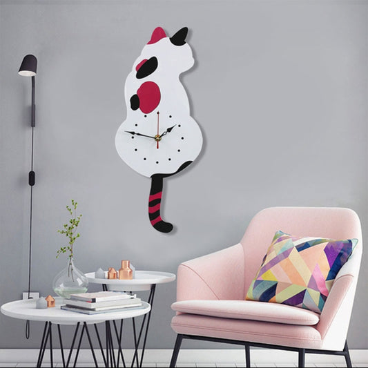 42x18cm Home Office Bedroom Decoration Battery Operated Cat Shaped Wall Clock with Swinging Tails(White) by buy2fix