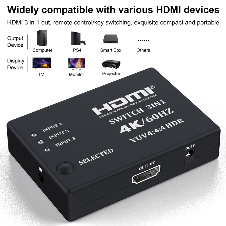 3 In 1 Out 4K 60Hz HD Video HDMI Switcher with Infrared Remote Control - Switch by buy2fix | Online Shopping UK | buy2fix