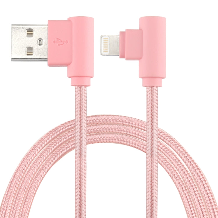 25cm Nylon Weave Style USB to 8 Pin Double Elbow Charging Cable(Pink) by buy2fix