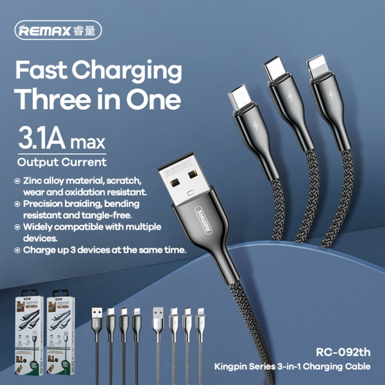 REMAX RC-092th Kingpin Series 3.1A 3 in 1 USB to Micro USB + Type-C + 8 Pin Charging Cable, Cable Length: 1.2m(Black) - Multifunction Cable by REMAX | Online Shopping UK | buy2fix