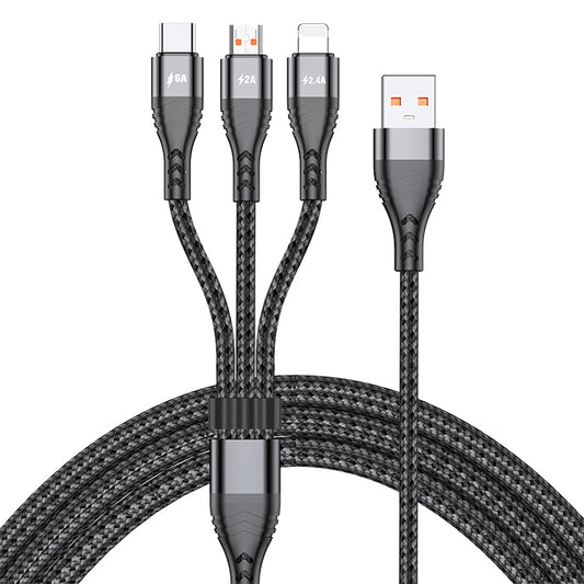 ADC-138 66W 3 in 1 USB to 8 Pin + Micro USB + USB-C / Type-C Fast Charging Braided Data Cable, Cable Length: 1.2m(Black) - Multifunction Cable by buy2fix | Online Shopping UK | buy2fix