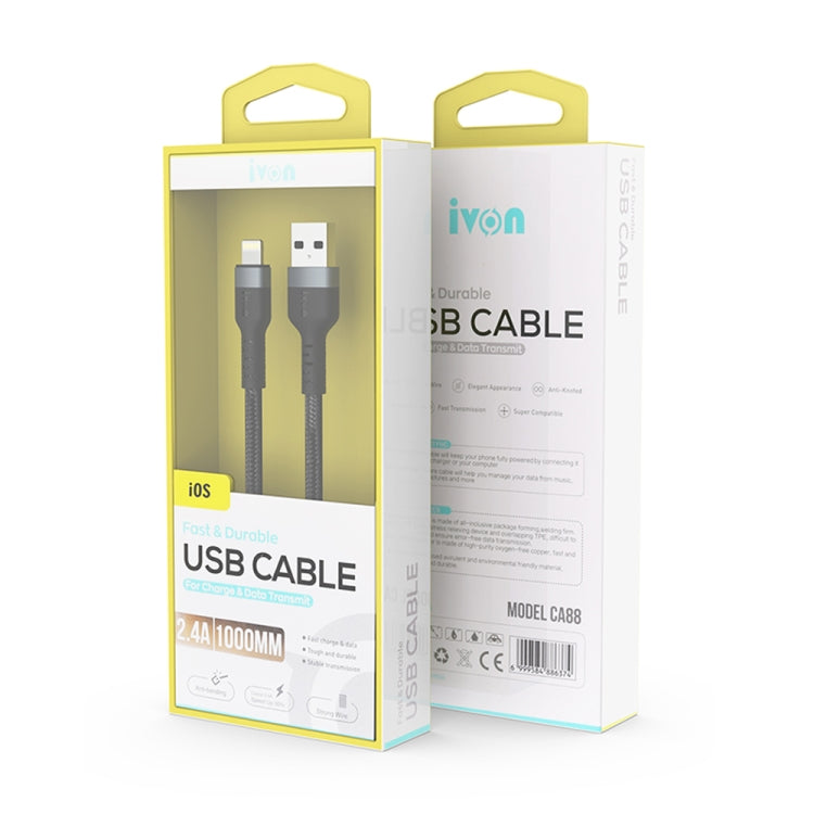 IVON CA88 12W 2.4A USB to 8 Pin Nylon Braid Fast Charge Data Cable, Cable Length: 1m (Black) - Normal Style Cable by IVON | Online Shopping UK | buy2fix