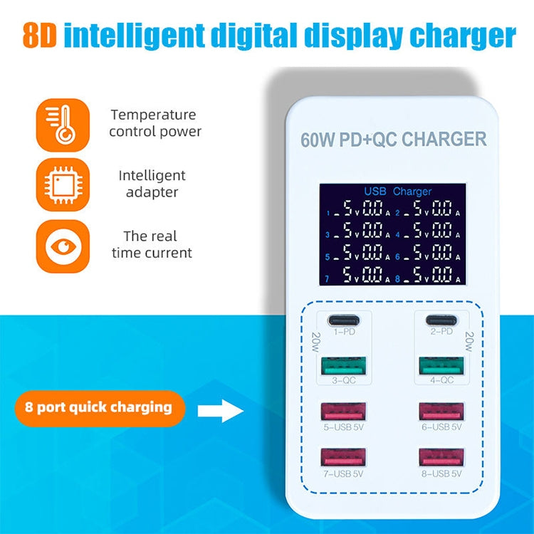 A8T 60W 8 Ports USB + QC3.0 + PD Type-C Smart Charging Station with Digital Display AC100-240V, UK Plug - Multifunction Charger by buy2fix | Online Shopping UK | buy2fix