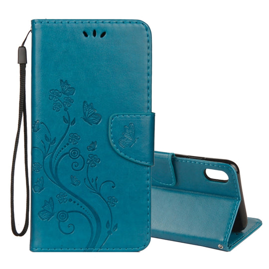 For iPhone XR Embossed Butterfly Pattern Horizontal Flip Leather Case with Card Slot & Holder & Wallet & Lanyard (Blue)
