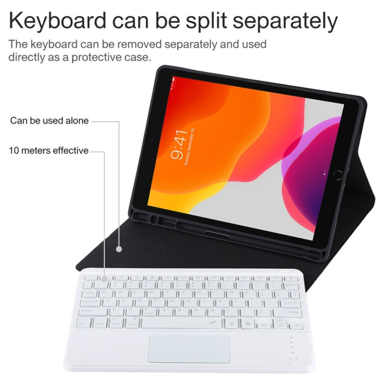 TG-102BCS Detachable Bluetooth White Keyboard + Microfiber Leather Tablet Case for iPad 10.2 inch / iPad Air (2019), with Touch Pad & Backlight & Pen Slot & Holder (Black) - For iPad Air by buy2fix | Online Shopping UK | buy2fix
