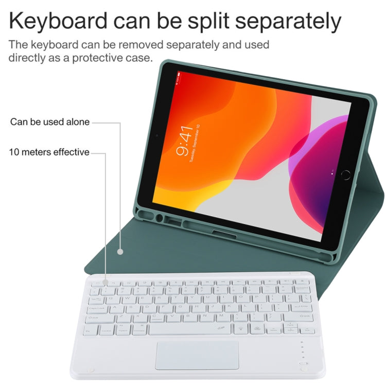 TG-102BCS Detachable Bluetooth White Keyboard + Microfiber Leather Tablet Case for iPad 10.2 inch / iPad Air (2019), with Touch Pad & Backlight & Pen Slot & Holder (Dark Green) - For iPad Air by buy2fix | Online Shopping UK | buy2fix