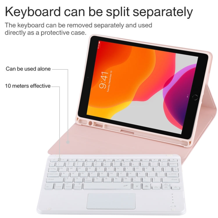 TG-102BCS Detachable Bluetooth White Keyboard + Microfiber Leather Tablet Case for iPad 10.2 inch / iPad Air (2019), with Touch Pad & Backlight & Pen Slot & Holder (Pink) - For iPad Air by buy2fix | Online Shopping UK | buy2fix