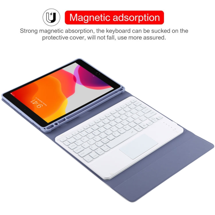 TG-102BCS Detachable Bluetooth White Keyboard + Microfiber Leather Tablet Case for iPad 10.2 inch / iPad Air (2019), with Touch Pad & Backlight & Pen Slot & Holder (Purple) - For iPad Air by buy2fix | Online Shopping UK | buy2fix