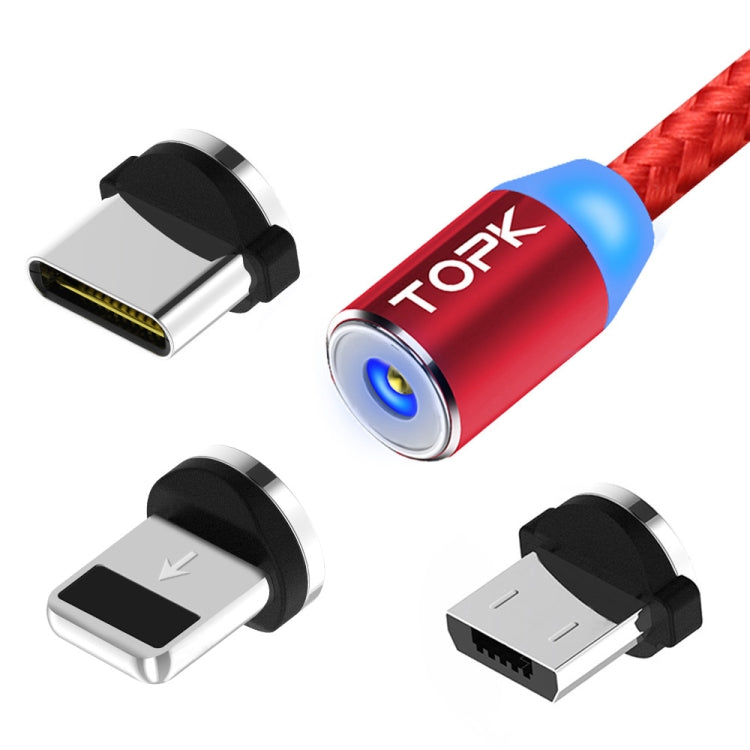 TOPK 2m 2.4A Max USB to 8 Pin + USB-C / Type-C + Micro USB Nylon Braided Magnetic Charging Cable with LED Indicator(Red) - Charging Cable & Head by TOPK | Online Shopping UK | buy2fix