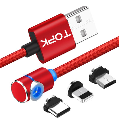 TOPK AM30 2m 2.4A Max USB to 8 Pin + USB-C / Type-C + Micro USB 90 Degree Elbow Magnetic Charging Cable with LED Indicator(Red) - Charging Cable & Head by TOPK | Online Shopping UK | buy2fix