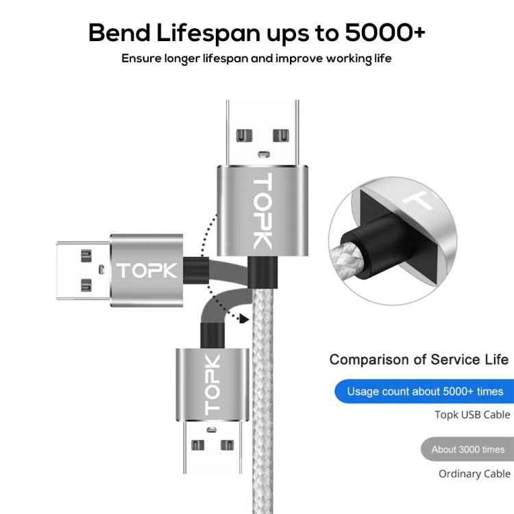 TOPK AM30 2m 2.4A Max USB to 8 Pin + USB-C / Type-C + Micro USB 90 Degree Elbow Magnetic Charging Cable with LED Indicator(Silver) - Charging Cable & Head by TOPK | Online Shopping UK | buy2fix