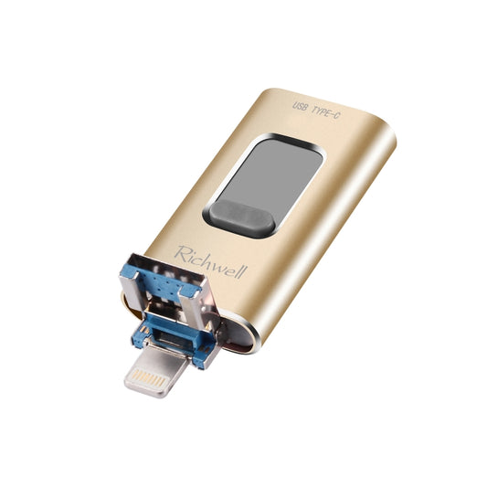 Richwell 3 in 1 64G Type-C + 8 Pin + USB 3.0 Metal Push-pull Flash Disk with OTG Function(Gold) by Richwell