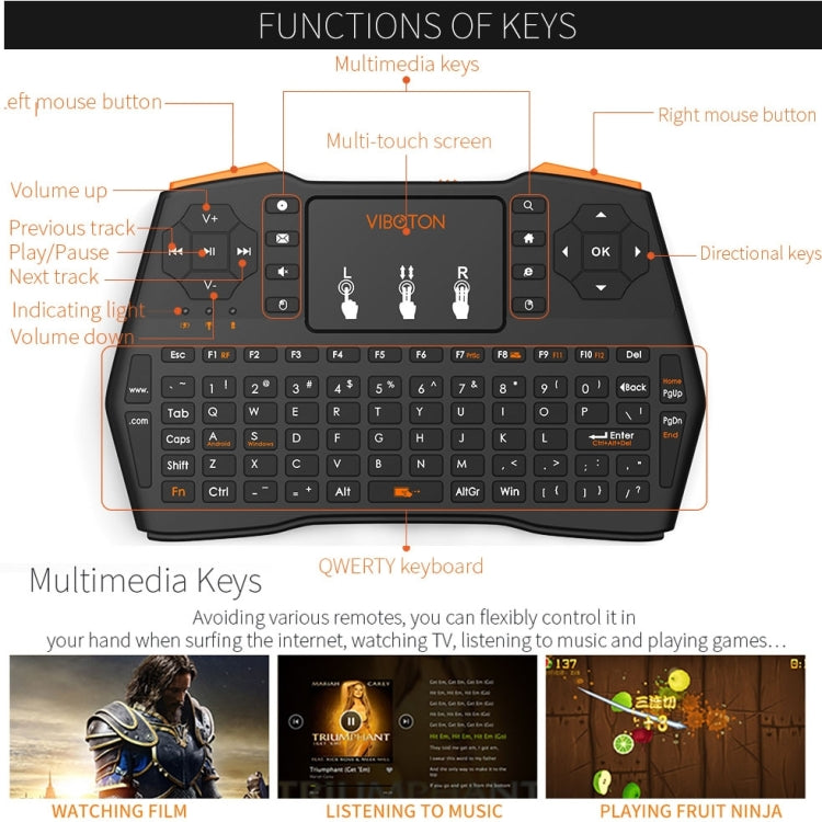 VIBOTON i8 Plus Updated 2.4GHz QWERT Mini Wireless Keyboard with Touchpad for TV Box, Mi Box, Computer, Tablet, Laptop and Projector(Black) - MINI PC Accessories & Gadgets by VIBOTON | Online Shopping UK | buy2fix