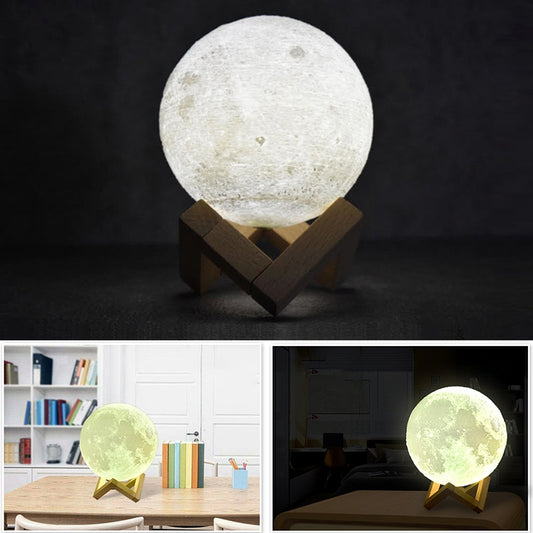 8cm Touch Control 3D Print Moon Lamp, USB Charging White + Yellow Light Color Changing LED Energy-saving Night Light with Wooden Holder Base by buy2fix
