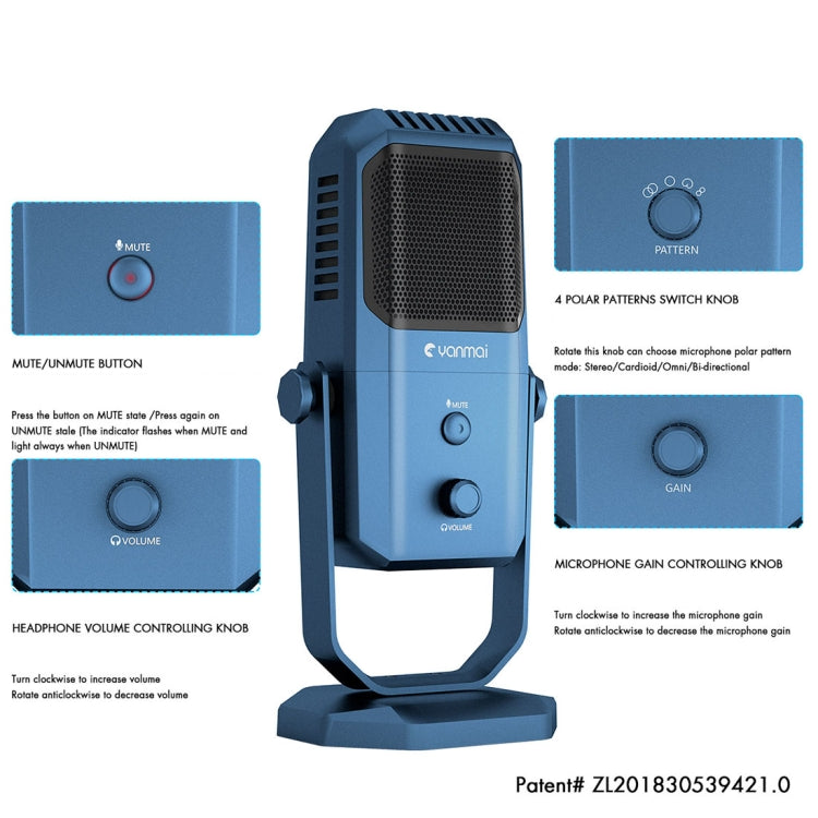 Yanmai SF-900 Multi-function Four Directivity Studio Recording Condenser Microphone with Desktop Stand(Blue) - Microphone by Yanmai | Online Shopping UK | buy2fix