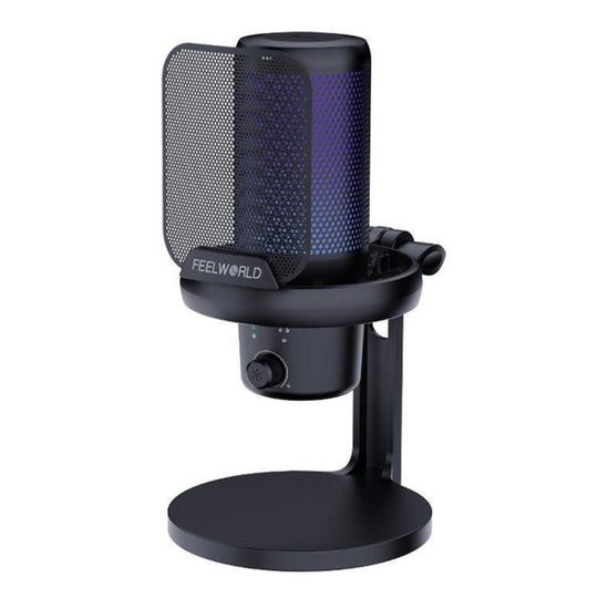 FEELWORLD VM1-XS USB Condenser Gaming Microphone for Streaming Noise Cancellation Mute RGB Light Desktop Stand (Black)
