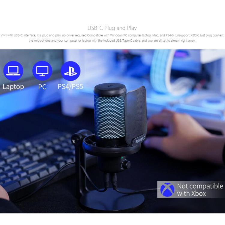 FEELWORLD VM1 USB Condenser Gaming Microphone for Streaming Noise Cancellation Mute RGB Light Desktop Stand (Black) - Microphone by FEELWORLD | Online Shopping UK | buy2fix