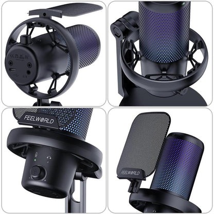 FEELWORLD VM1 USB Condenser Gaming Microphone for Streaming Noise Cancellation Mute RGB Light Desktop Stand (Black) - Microphone by FEELWORLD | Online Shopping UK | buy2fix