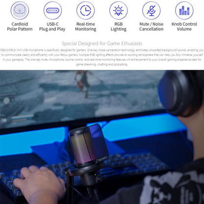 FEELWORLD VM1 USB Condenser Gaming Microphone for Streaming Noise Cancellation Mute RGB Light Desktop Stand (Black) - Microphone by FEELWORLD | Online Shopping UK | buy2fix