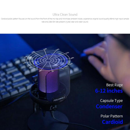 FEELWORLD VM1 USB Condenser Gaming Microphone for Streaming Noise Cancellation Mute RGB Light Desktop Stand (Black) - Microphone by FEELWORLD | Online Shopping UK | buy2fix