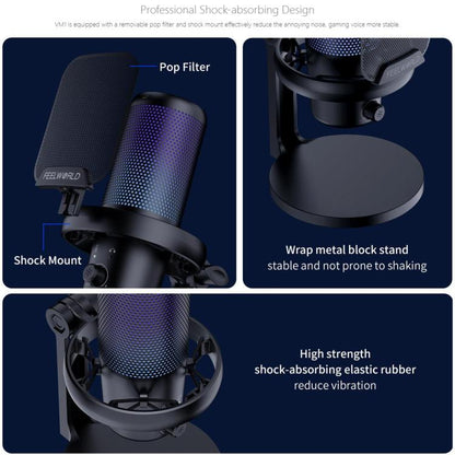 FEELWORLD VM1 USB Condenser Gaming Microphone for Streaming Noise Cancellation Mute RGB Light Desktop Stand (Black) - Microphone by FEELWORLD | Online Shopping UK | buy2fix