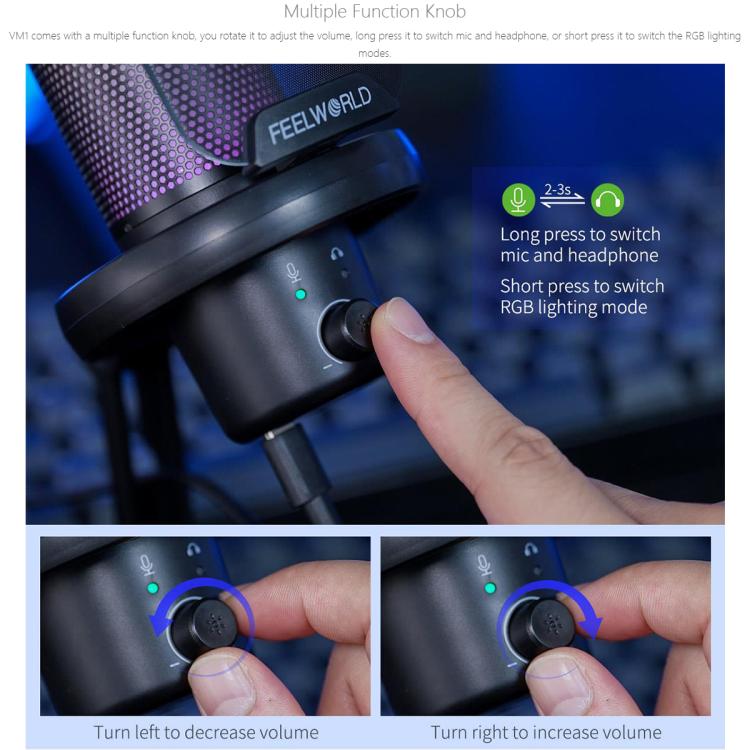 FEELWORLD VM1 USB Condenser Gaming Microphone for Streaming Noise Cancellation Mute RGB Light Desktop Stand (Black) - Microphone by FEELWORLD | Online Shopping UK | buy2fix