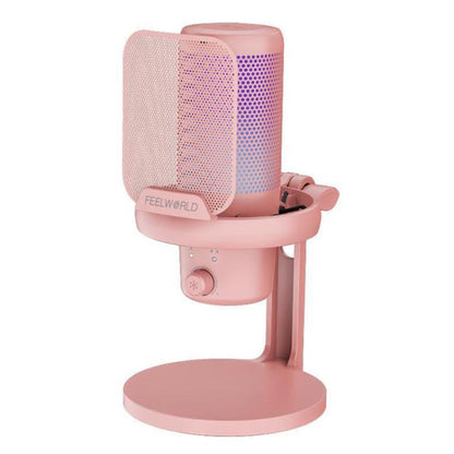 FEELWORLD VM1 USB Condenser Gaming Microphone for Streaming Noise Cancellation Mute RGB Light Desktop Stand (Pink) - Microphone by FEELWORLD | Online Shopping UK | buy2fix
