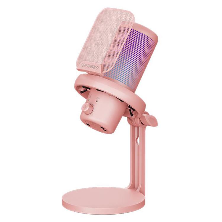 FEELWORLD VM1 USB Condenser Gaming Microphone for Streaming Noise Cancellation Mute RGB Light Desktop Stand (Pink) - Microphone by FEELWORLD | Online Shopping UK | buy2fix