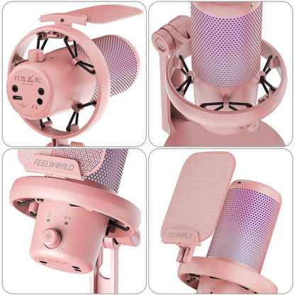 FEELWORLD VM1 USB Condenser Gaming Microphone for Streaming Noise Cancellation Mute RGB Light Desktop Stand (Pink) - Microphone by FEELWORLD | Online Shopping UK | buy2fix