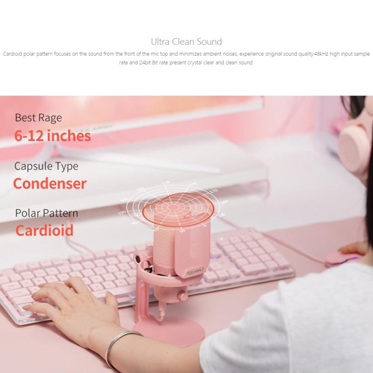 FEELWORLD VM1 USB Condenser Gaming Microphone for Streaming Noise Cancellation Mute RGB Light Desktop Stand (Pink) - Microphone by FEELWORLD | Online Shopping UK | buy2fix