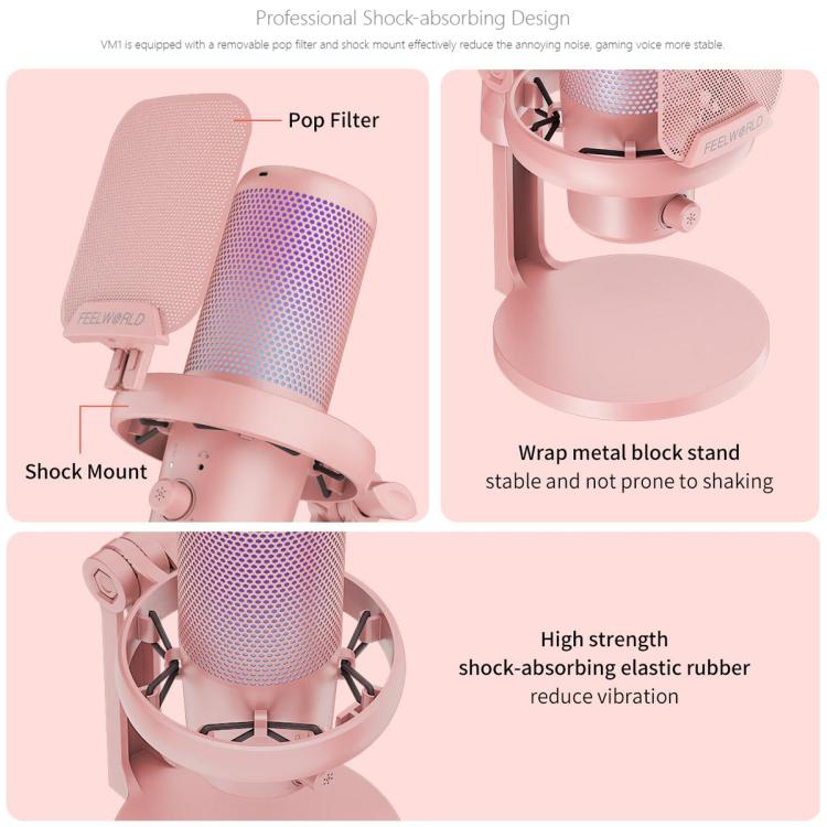 FEELWORLD VM1 USB Condenser Gaming Microphone for Streaming Noise Cancellation Mute RGB Light Desktop Stand (Pink) - Microphone by FEELWORLD | Online Shopping UK | buy2fix