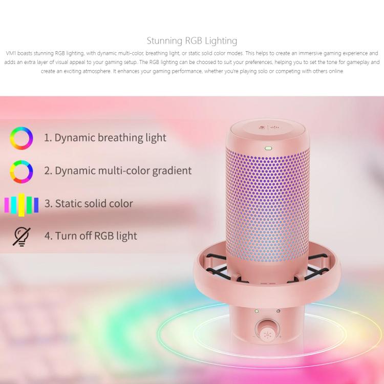 FEELWORLD VM1 USB Condenser Gaming Microphone for Streaming Noise Cancellation Mute RGB Light Desktop Stand (Pink) - Microphone by FEELWORLD | Online Shopping UK | buy2fix