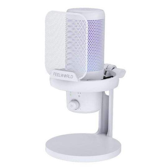 FEELWORLD VM1-XS USB Condenser Gaming Microphone for Streaming Noise Cancellation Mute RGB Light Desktop Stand (White)