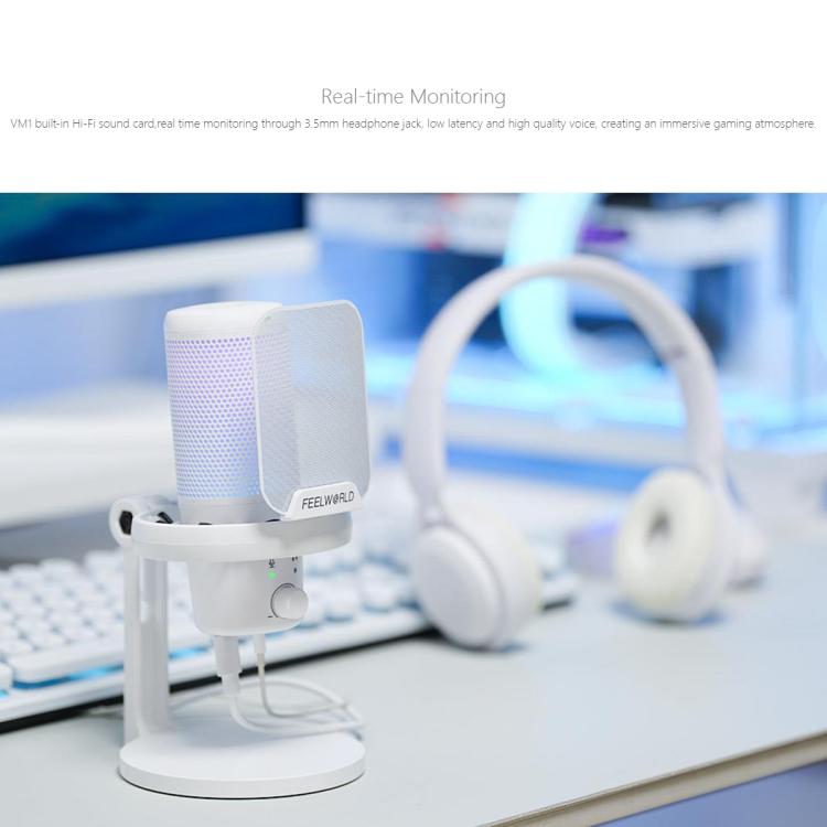 FEELWORLD VM1 USB Condenser Gaming Microphone for Streaming Noise Cancellation Mute RGB Light Desktop Stand (White) - Microphone by FEELWORLD | Online Shopping UK | buy2fix