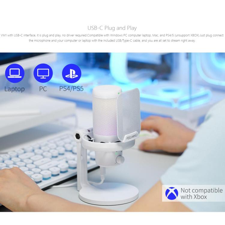 FEELWORLD VM1 USB Condenser Gaming Microphone for Streaming Noise Cancellation Mute RGB Light Desktop Stand (White) - Microphone by FEELWORLD | Online Shopping UK | buy2fix