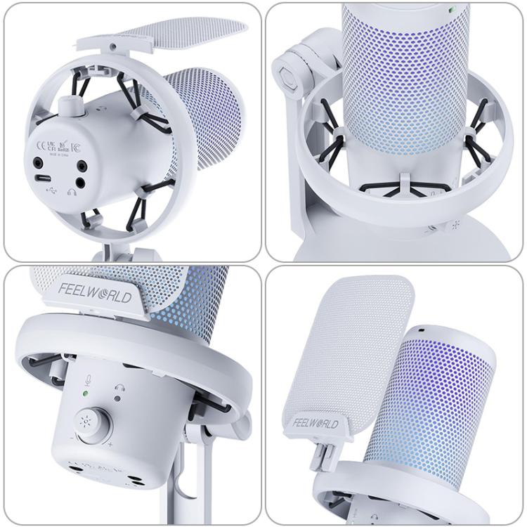 FEELWORLD VM1 USB Condenser Gaming Microphone for Streaming Noise Cancellation Mute RGB Light Desktop Stand (White) - Microphone by FEELWORLD | Online Shopping UK | buy2fix