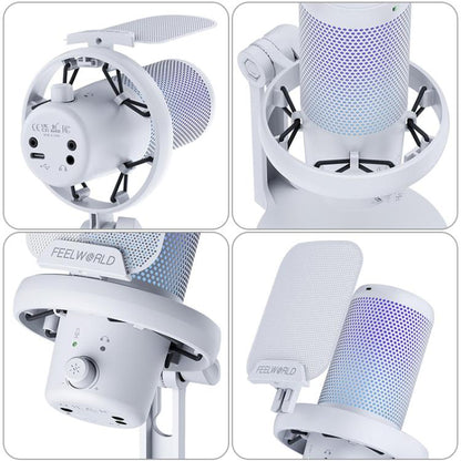 FEELWORLD VM1 USB Condenser Gaming Microphone for Streaming Noise Cancellation Mute RGB Light Desktop Stand (White) - Microphone by FEELWORLD | Online Shopping UK | buy2fix
