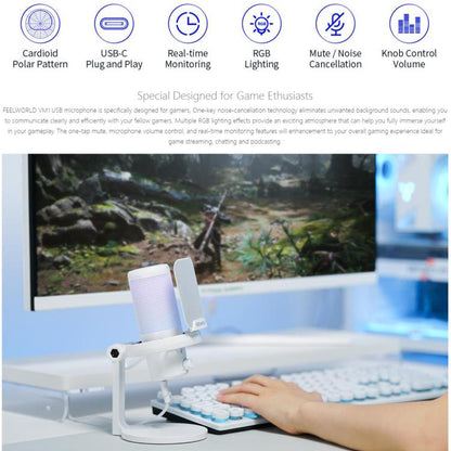 FEELWORLD VM1 USB Condenser Gaming Microphone for Streaming Noise Cancellation Mute RGB Light Desktop Stand (White) - Microphone by FEELWORLD | Online Shopping UK | buy2fix