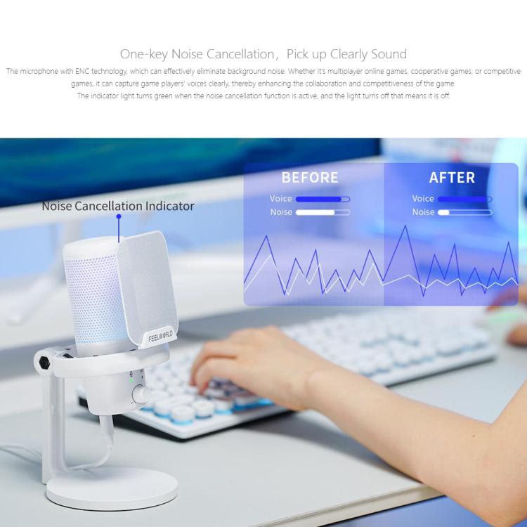 FEELWORLD VM1 USB Condenser Gaming Microphone for Streaming Noise Cancellation Mute RGB Light Desktop Stand (White) - Microphone by FEELWORLD | Online Shopping UK | buy2fix