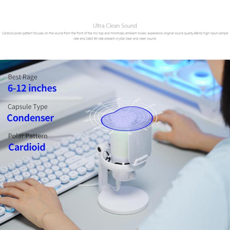 FEELWORLD VM1 USB Condenser Gaming Microphone for Streaming Noise Cancellation Mute RGB Light Desktop Stand (White) - Microphone by FEELWORLD | Online Shopping UK | buy2fix