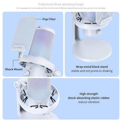 FEELWORLD VM1 USB Condenser Gaming Microphone for Streaming Noise Cancellation Mute RGB Light Desktop Stand (White) - Microphone by FEELWORLD | Online Shopping UK | buy2fix