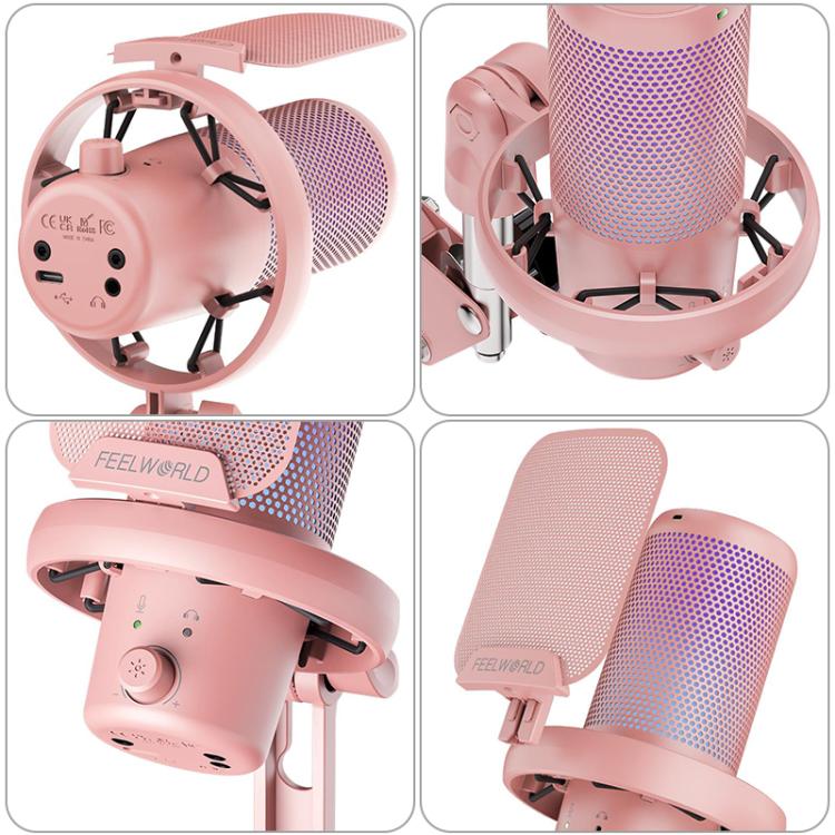 FEELWORLD VM1 USB Condenser Gaming Microphone for Streaming Noise Cancellation Mute RGB Light Boom Arm Stand (Pink) - Microphone by FEELWORLD | Online Shopping UK | buy2fix