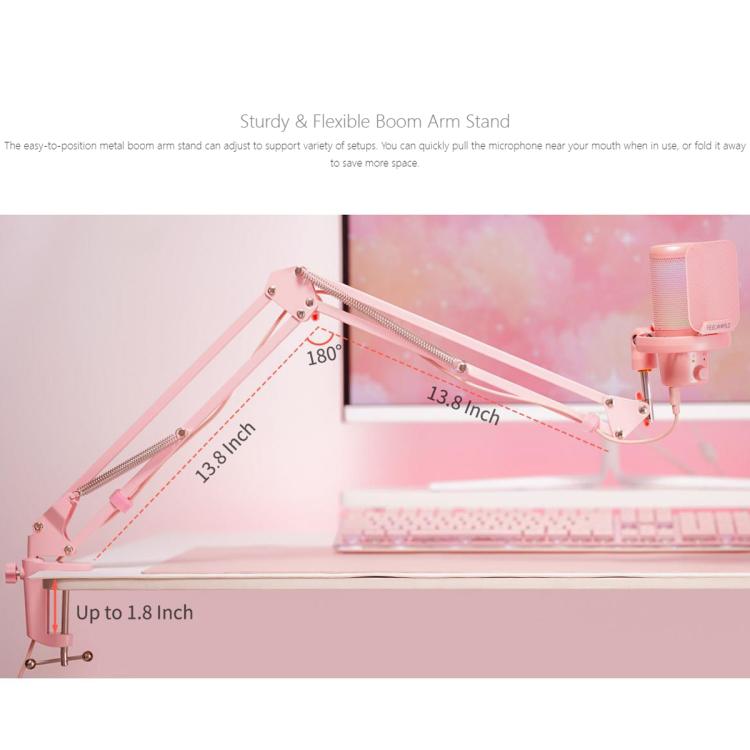 FEELWORLD VM1 USB Condenser Gaming Microphone for Streaming Noise Cancellation Mute RGB Light Boom Arm Stand (Pink) - Microphone by FEELWORLD | Online Shopping UK | buy2fix