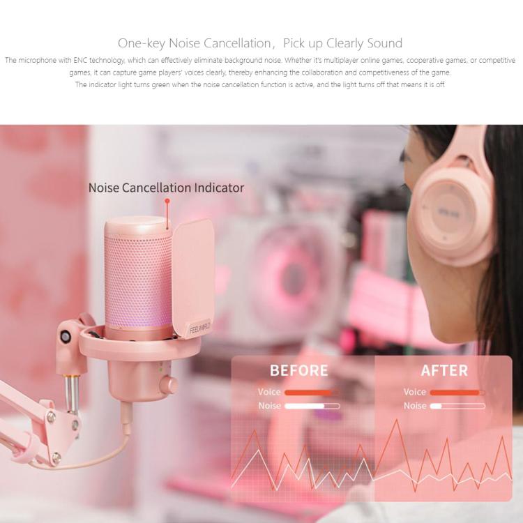 FEELWORLD VM1 USB Condenser Gaming Microphone for Streaming Noise Cancellation Mute RGB Light Boom Arm Stand (Pink) - Microphone by FEELWORLD | Online Shopping UK | buy2fix