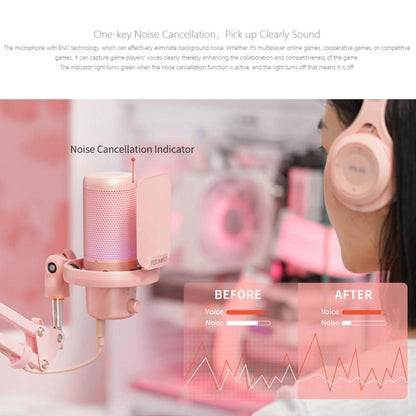 FEELWORLD VM1 USB Condenser Gaming Microphone for Streaming Noise Cancellation Mute RGB Light Boom Arm Stand (Pink) - Microphone by FEELWORLD | Online Shopping UK | buy2fix
